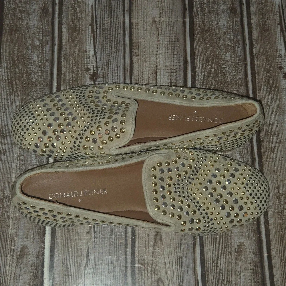 Sz 6 M Donald‎ J Pliner Henley Studded Suede Loafers Tan Gold Silver Shoes VGUC